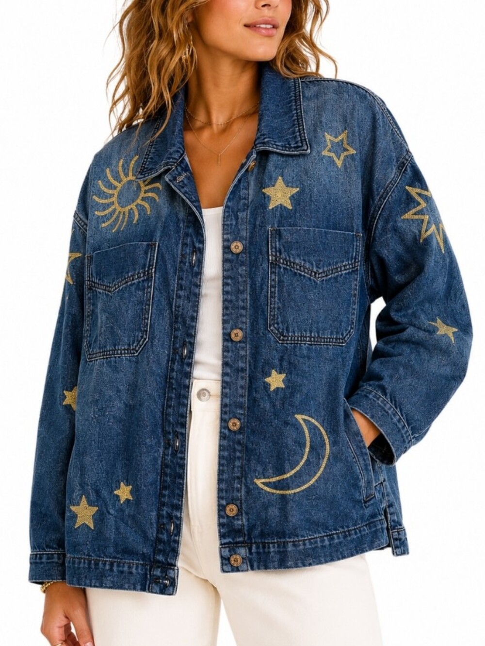 Loveimgs Celestial Embroidered Denim Jacket Moon Star Sun Xlarge NWT Stargirl